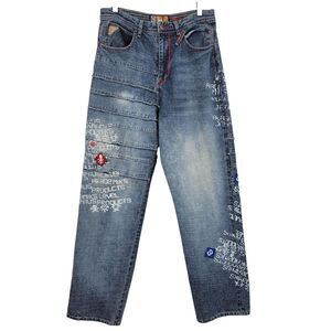 Akademiks Mens Jeans Size 34x32 Spell Out Skull & Crossbones Patch Jeanius Level